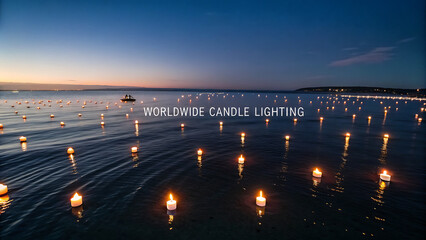 Tranquil twilight scene with numerous illuminated candles floating on calm water reflecting the soft glow of the evening sky and distant lights