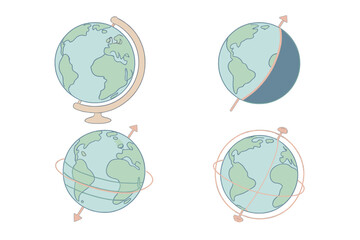 Isometric Globe Dynamics. Isometric vector illustration set globe spin axis geography: geographic globe rotation, day night