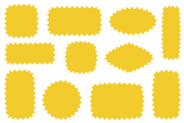 Stamp frame vector borders. Postcard yellow shapes for vintage letter design. Square and rectangle perforated template for envelope. Mockup for photo album. Philately jagged collection