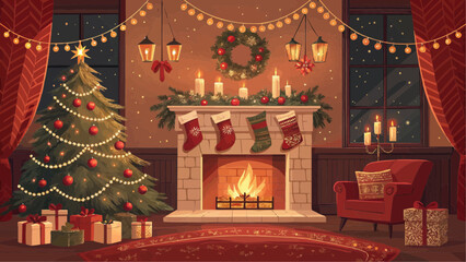 A cozy christmas scene with a decorated tree fireplace and gifts in a warm and inviting setting indoors