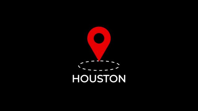 red map marker bounce with dotted ellipse spin and houston city title.