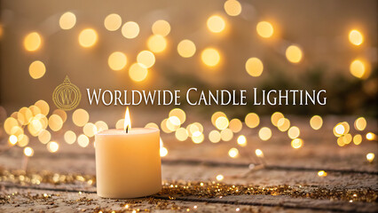 Softly glowing candle illuminates a rustic wooden surface adorned with scattered golden confetti and a bokeh background of warm fairy lights