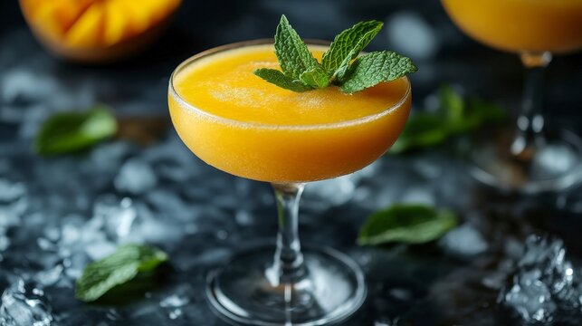 Refreshing Mango Daiquiri with Mint Leaves in a Glass on a Dark Cool Background