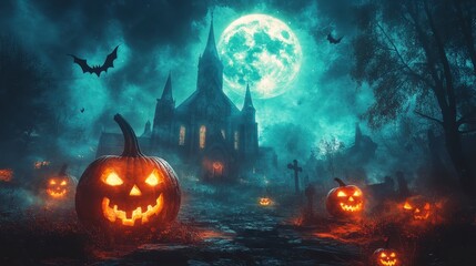 Naklejka premium Creepy Pumpkin Patch under Full Moon with Eerie Cemetery and Halloween Atmosphere