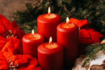 four burning Red advent candles in advent wreath decoration on wooden dark background. tradition in time before Christmas. xmas lights with christmas fir deco background concept. Festive still life.