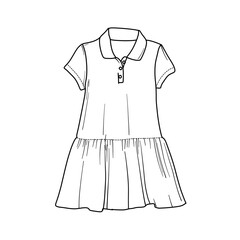 A technical flat sketch of a childrens polo dress. This fashion illustration features a classic collar, a buttoned placket, short sleeves, and a gathered, flared skirt, isolated on a white background.