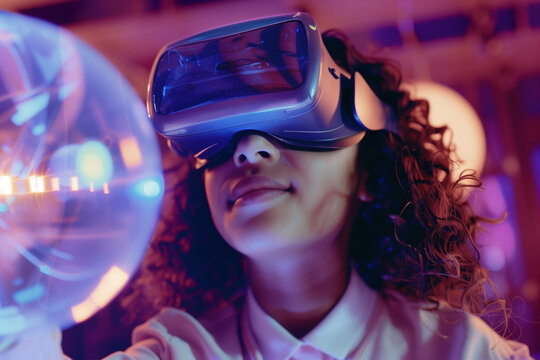 Ethnic student with VR headset using AI artificial intelligence technology, machine learning. Interactive technology in classroom. Innovation & smart tech. AI blue orb hologram. Futuristic education	
