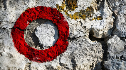 Red circle graffiti on weathered stone wall texture background