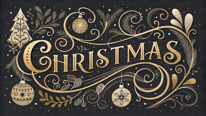 Christmas themed illustration with gold lettering and ornaments on a dark textured background design art