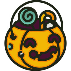 Spooky Halloween pumpkin candy bucket with colorful treats and swirling lollipop on a transparent background perfect for festive decorations and digital designs