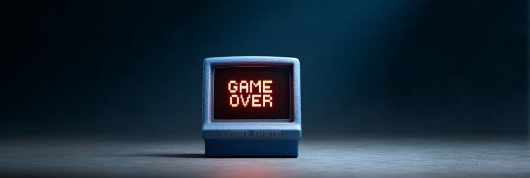 Vintage computer monitor showing game over message in pixelated font, symbolizing failure, end of challenge, or digital nostalgia on a dark background
