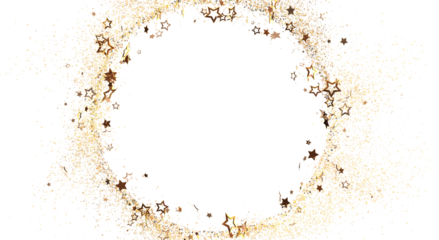 Elegant golden star confetti forming a circular frame on a white backdrop, perfect for invitations, greetings, and celebratory designs. Create a