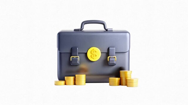 A briefcase with a lock surrounded by stacks of gold coins, representing finance and investments.