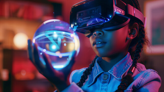 Black Schoolgirl Holding Holographic Orb in Tech-Enabled, Inclusive Classroom
