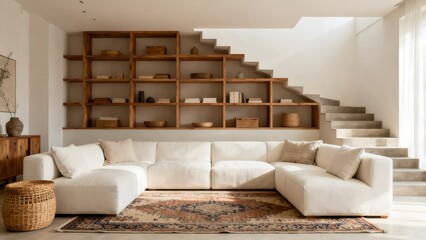 Modern living room with wooden shelves and white sofa