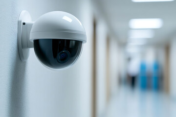 Indoor security camera. Surveillance camera mounted to the wall in a hallway for security, observation and safety.