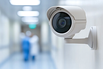 Security camera mounted in hallway. Surveillance system to monitor building. Technology providing protection, safety and peace of mind. Monitoring, security, public safety.