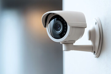 Security Camera: A close-up shot captures a white surveillance camera mounted on a wall, symbolizing safety and vigilance in modern environments.