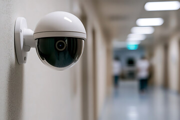 White surveillance camera on a hallway wall. Close-up of dome camera with blurred hallway background. Modern security technology. Safe zone monitoring.