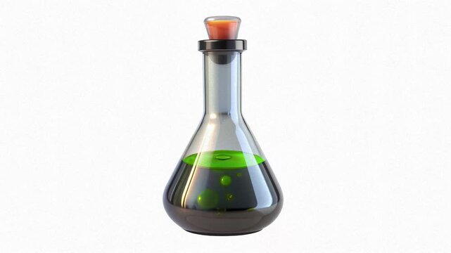 A laboratory flask containing a bubbling green liquid with floating spheres, showcasing a vibrant and dynamic look.
