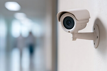 Security camera on the wall monitors hallway, security, safety, and surveillance is important for modern business and public spaces.