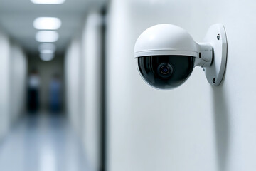 Hallway security camera. Surveillance device mounted on wall monitors activity. Focus on the device, with a blurred hallway background. Monitoring system.
