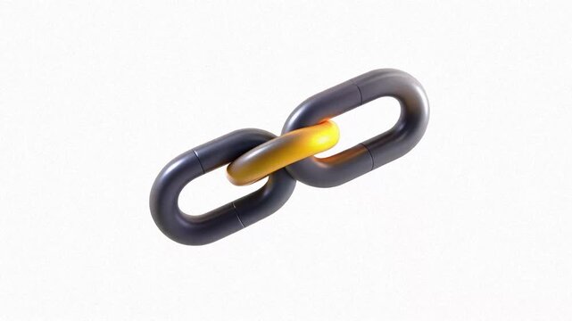 A close-up of two interlinked metallic chains with a shiny finish against a white background.