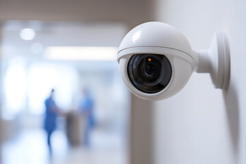 A white, dome-shaped security camera is mounted on a wall in a building hallway, with blurred figures in the background, indicating a modern surveillance system.