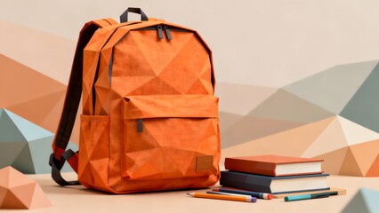 Orange backpack with books and pencils