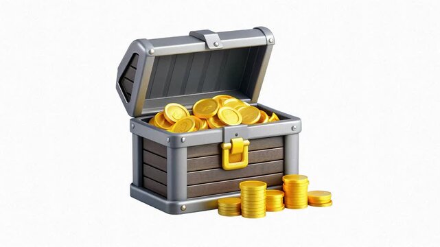A wooden treasure chest overflowing with gold coins, partially opened with some coins scattered around it.