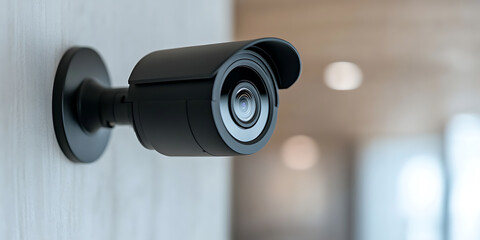 A close-up of a black surveillance camera mounted on a light-colored wall. The camera is angled slightly downward, capturing a wide field of view, enhancing security.