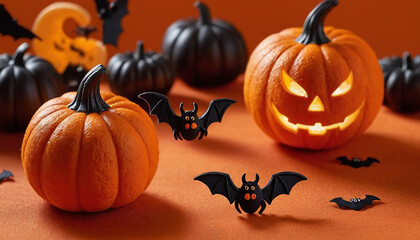 Composizione di zucche decorative arancioni e nere, inclusa una Jack-o'-lantern illuminata e pipistrelli giocattolo, su sfondo arancione brillante.