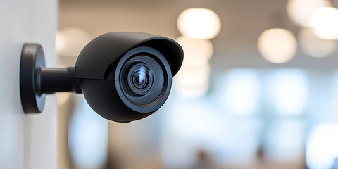Close-up of a black security camera mounted on a white wall, with blurred background lighting providing depth and context to the security setup.