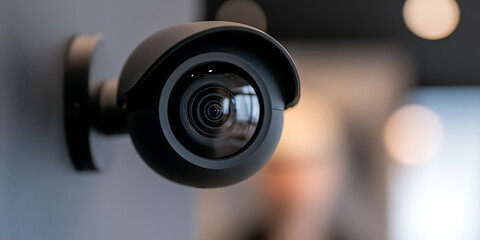 Security camera. Home or business security. Close-up shot of surveillance camera in a home or office setting. Modern security technology. Crime prevention.