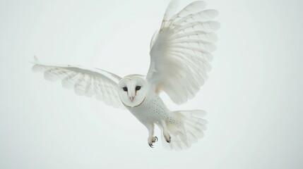 A white owl is flying; cloudy sky background; for animal or nature topics