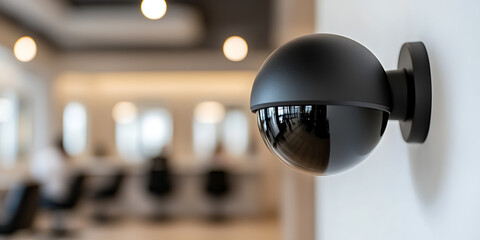 Black security camera mounted on a wall, focusing on safety and surveillance. Interior setting with blurred background. Spherical shape of the camera.