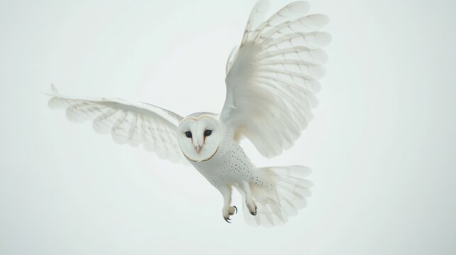 A white owl is flying; cloudy sky background; for animal or nature topics
