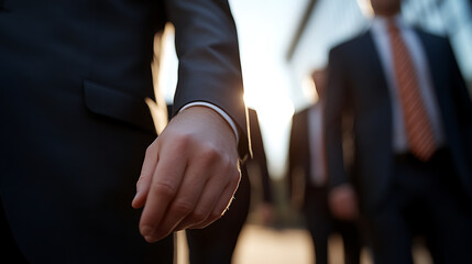 Business professionals walking. The focus is on the lead person's hand. Others are in the background. The sun glints off of the hand, creating a dramatic effect.