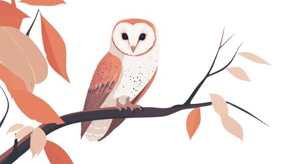 Owl on a branch with orange leaves, digital illustration for nature, bird watching, or wildlife theme