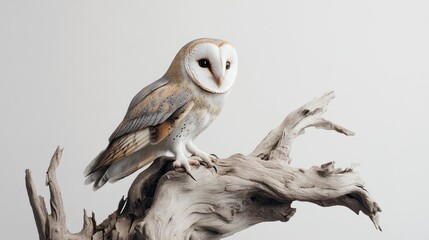 Barn owl perched on driftwood against plain background, suitable for wildlife or nature-themed visuals