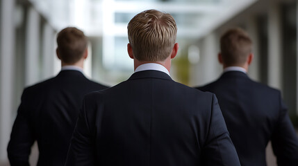 Trio of professionals in dark suits seen from behind, walking with determination in a bright, modern corridor; teamwork and ambition in business.