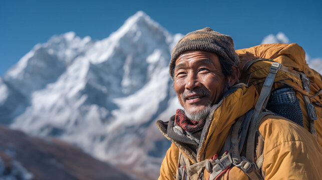 Portrait of a smiling sherpa with a large backpack against a snowy mountain peak