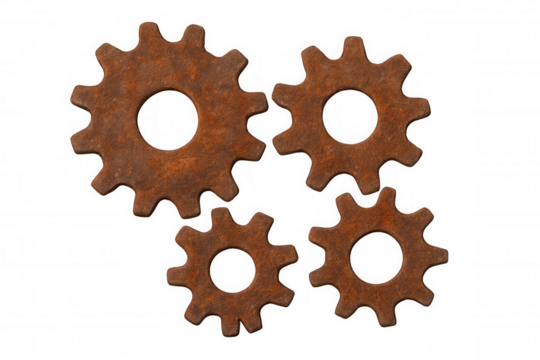 Four old rusty iron gears meshing together on a transparent background, depicting industry, mechanics, and process