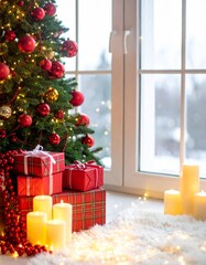 Merry Christmas celebration with decorated Christmas tree, glowing candles, golden lights, and wrapped gift boxes creating a warm festive holiday atmosphere in a cozy home interior. Vertical Format
