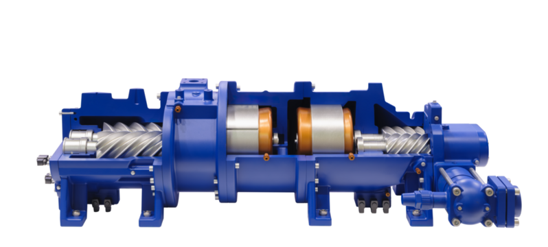 Large industrial blue high pressure compressor pump prepared for service isolated on white background