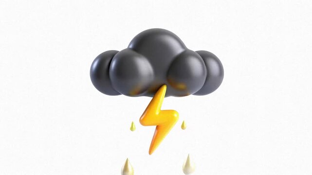 A 3D animated cloud with raindrops and a yellow lightning bolt striking below it.