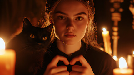 Candlelit portrait of a young woman with a black cat. Her hands form a heart shape, illuminated by the warm glow.