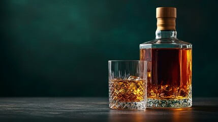 Elegant Single Malt Whisky Served in Glasses Against a Dark Green Background