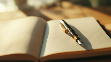 Open notebook with a fountain pen rests on the blank, lined pages, bathed in warm, soft sunlight, creating a serene and inviting workspace.
