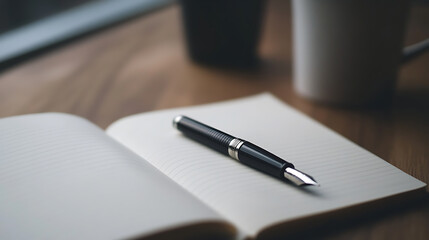 Open notebook on a wooden desk with a black pen resting on its pages, next to a mug and a small plant, bathed in soft daylight.